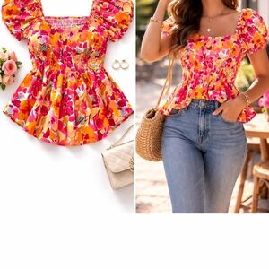 SHEIN Vibrant Floral Puff Sleeve Blouse